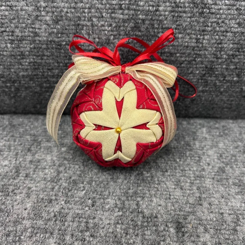 Handmade Quilted Fabric Star Ornament Red Gold Metallic Holiday Christmas Decor